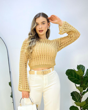 Blusa La Cabrera Tejida en Malla Camel - Mujer