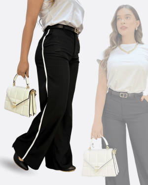 Pantalón palazzo negro talle alto con líneas laterales