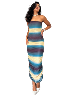 Vestido Largo Strapless con Efecto Drapé y Estampado en Degradé - Imagen 2