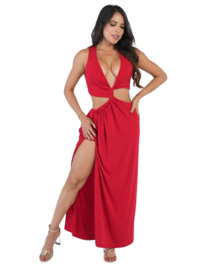 Vestido Largo con Corte Frontal y Abertura en Pierna